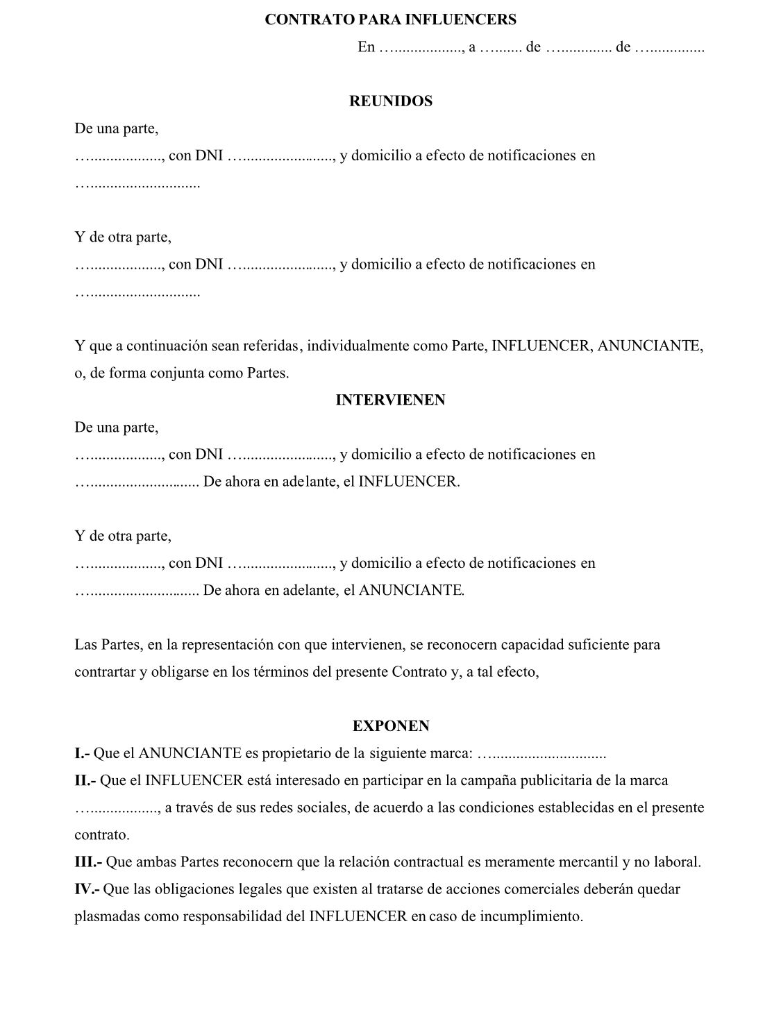 ☆ Influencers y Marcas: modelo de contrato de colaboración